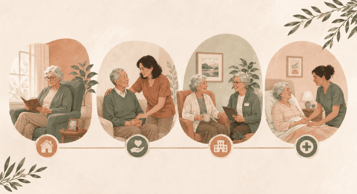 Care journey showing aging in place, home care, assisted living, memory care, and skilled nursing options for older adults. Care journey showing aging in place, home care, assisted living, memory care, and skilled nursing options for older adults.