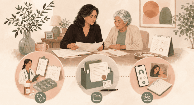 Adult daughter and elderly parent reviewing care paperwork, medical information, legal documents, and family support plans. Adult daughter and elderly parent reviewing care paperwork, medical information, legal documents, and family support plans.
