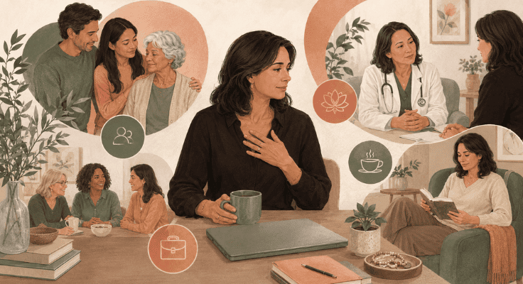 Professional midlife woman surrounded by family, medical, community, and self-care support while helping an aging parent. Professional midlife woman surrounded by family, medical, community, and self-care support while helping an aging parent.