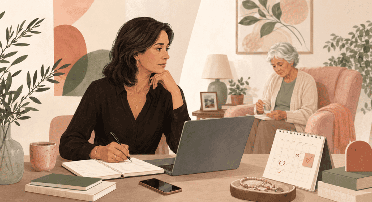Midlife daughter balancing work and family responsibilities while caring for her elderly parent at home. Midlife daughter balancing work and family responsibilities while caring for her elderly parent at home.