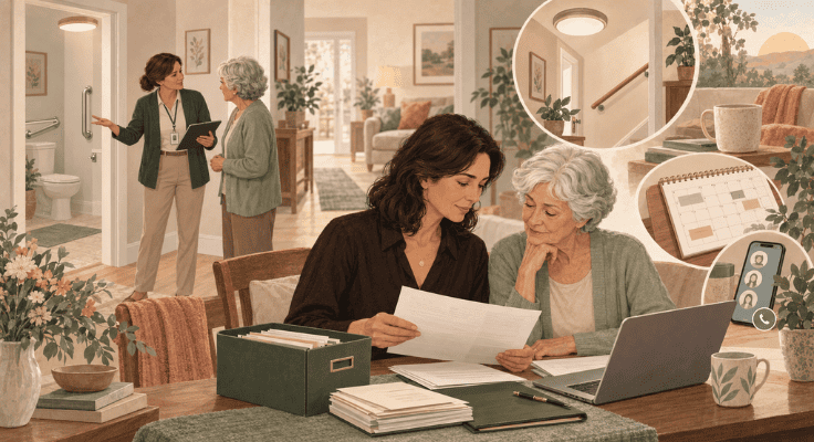 Adult daughter caring for elderly parent by organizing important documents, reviewing home safety improvements, and planning sustainable caregiving support. Adult daughter caring for elderly parent by organizing important documents, reviewing home safety improvements, and planning sustainable caregiving support.