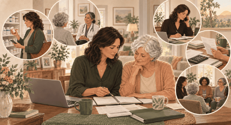 Professional midlife daughter caring for her elderly parent while managing medications, appointments, paperwork, finances, work calls, and caregiver support. Professional midlife daughter caring for her elderly parent while managing medications, appointments, paperwork, finances, work calls, and caregiver support.