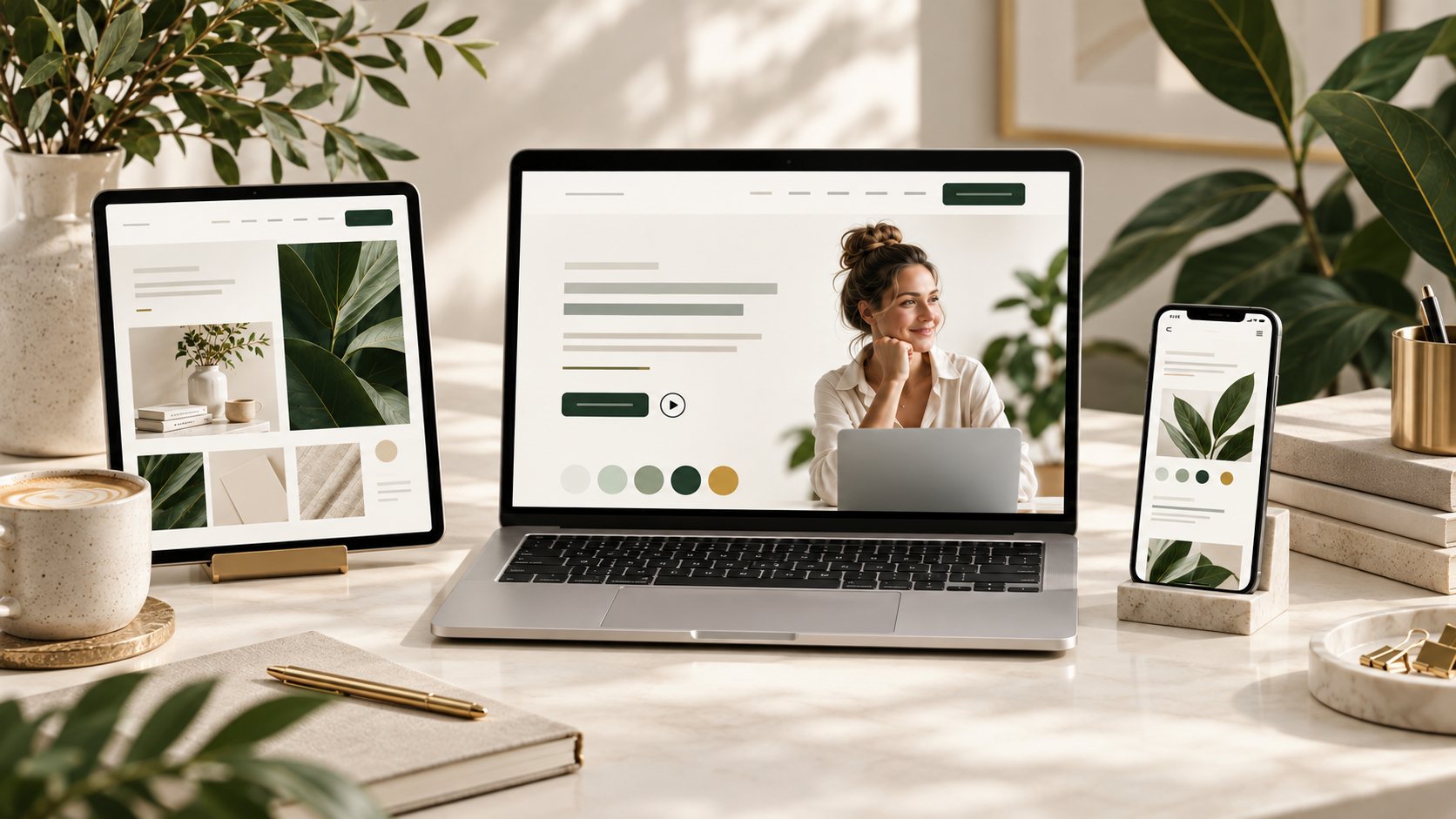 A finished website shown on a laptop, tablet and phone on a calm, sunlit desk