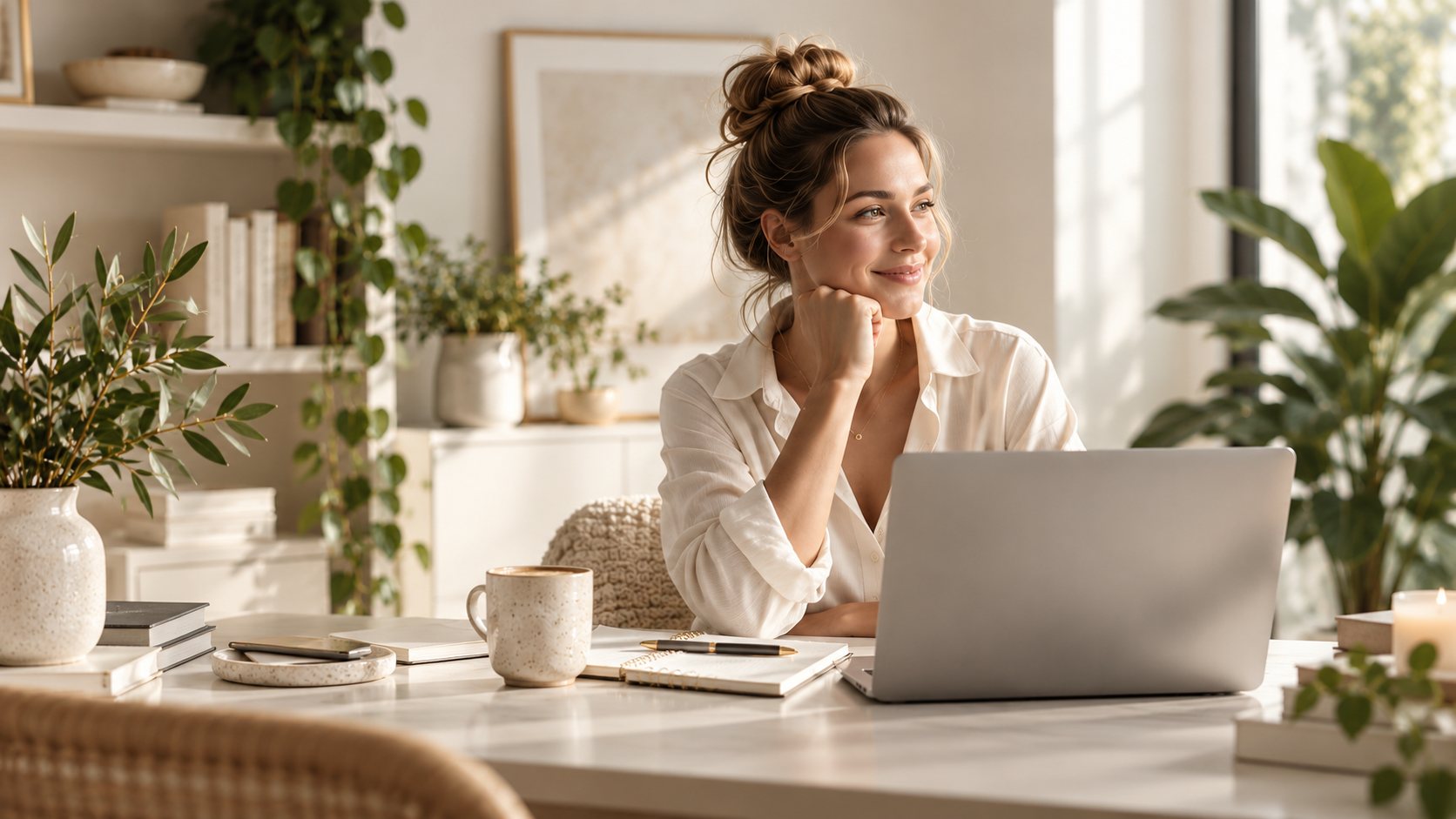 A woman smiling at her desk with a coffee and laptop in a bright room full of plants