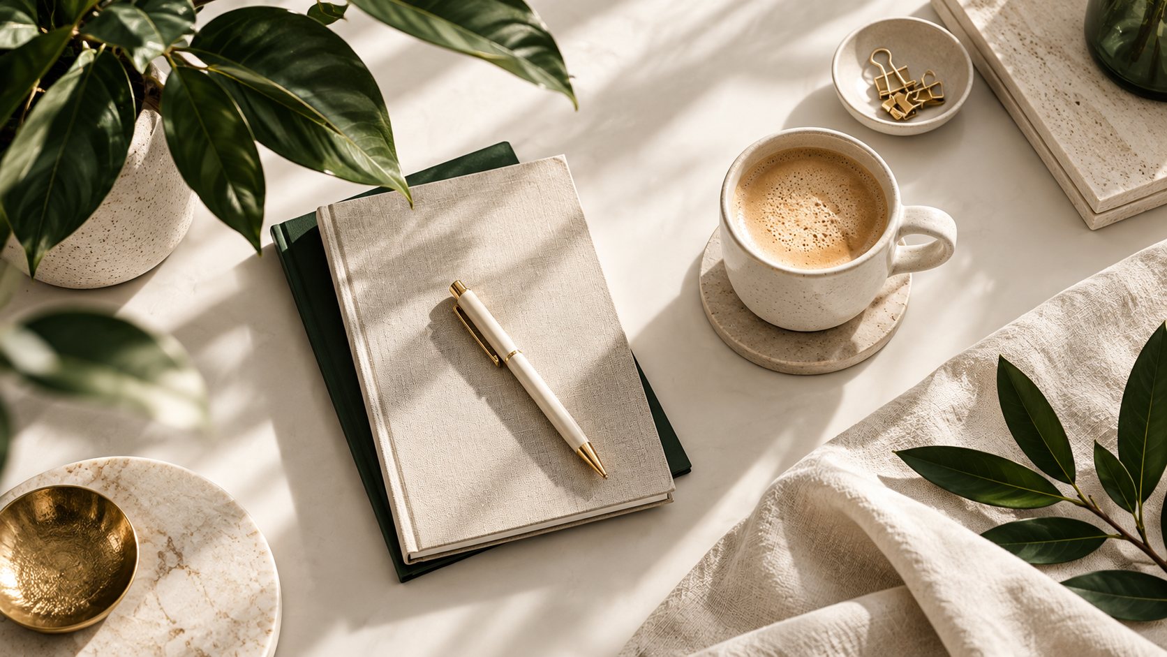 A linen notebook, gold pen and coffee on a sunlit desk with green leaves