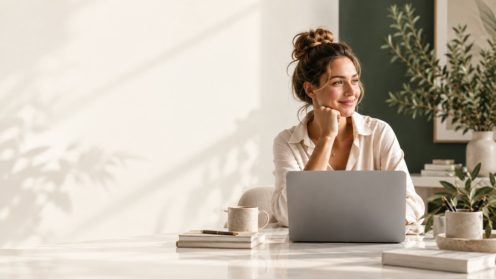 A smiling woman at her laptop in a calm, light-filled home office with greenery