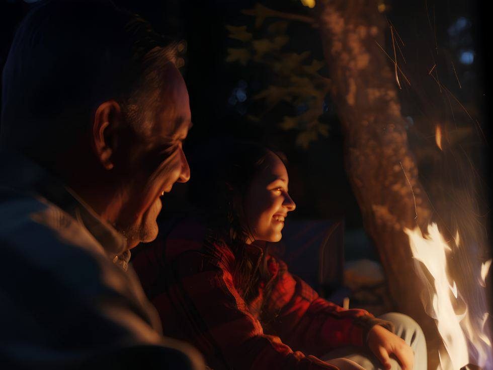 Guides and guests seated around a bush fire after dark