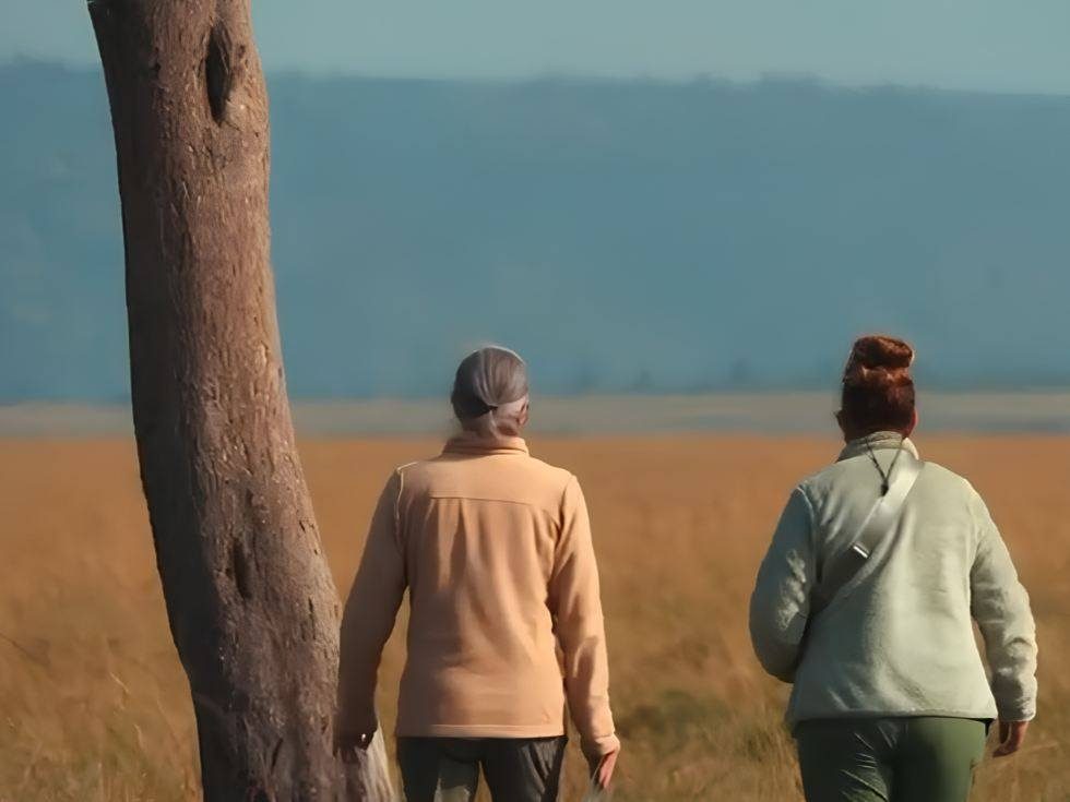 A ranger and guests walking a track across the plains