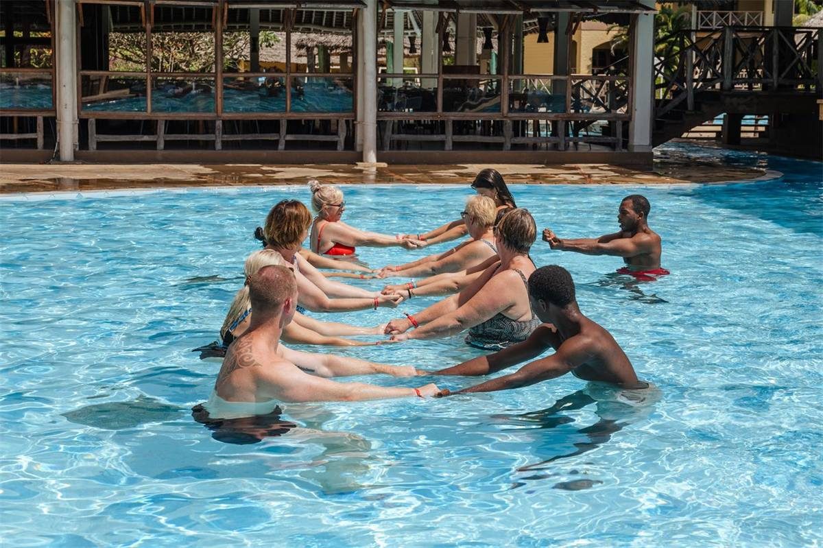 An aqua-aerobics class in the resort pool
