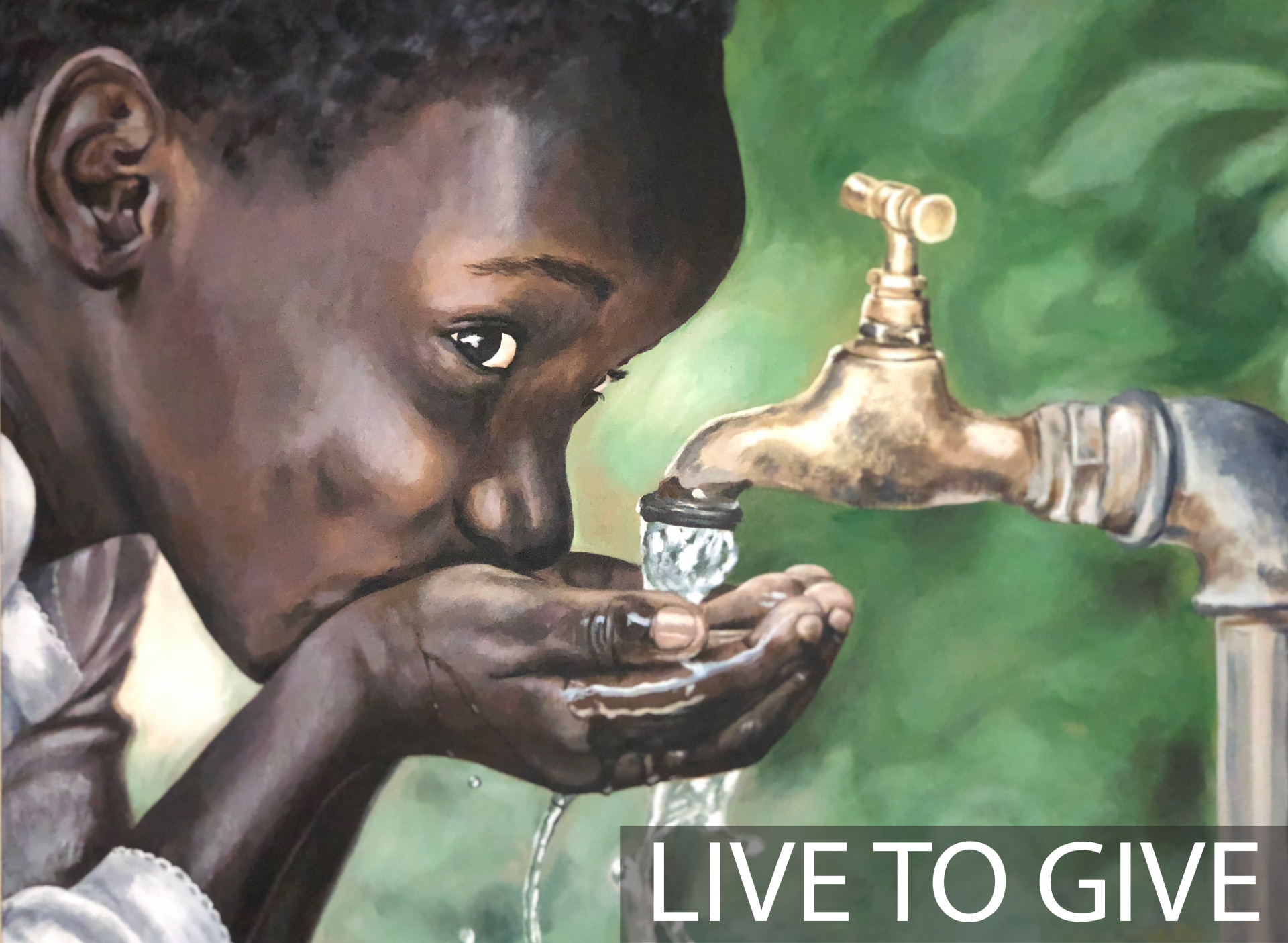 Live to Give artwork showing a child drinking fresh water