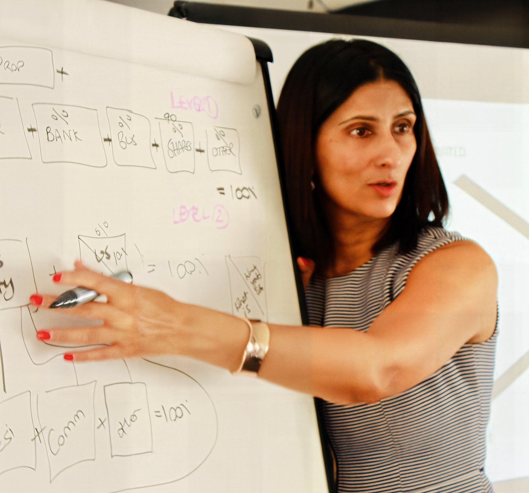Salena at a flipchart, mapping out how money moves between a business, its owners and their investments