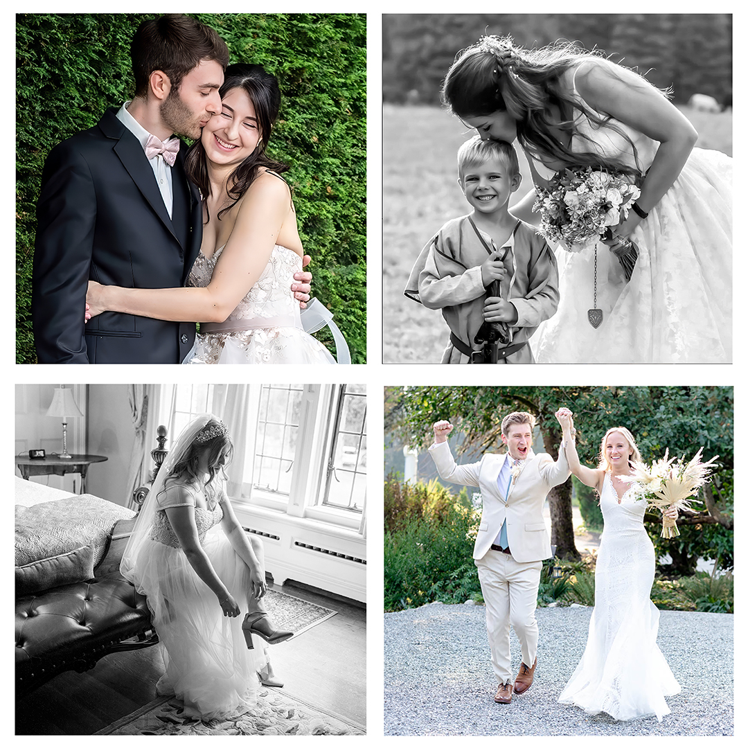 A photo collage of four photos. Top left photo: Groom kisses bride on her cheek. Top Right: Bride kisses the top of the ring bearer's head in black and white. Bottom Left: Black and white photo of bride getting ready. She is putting on her shoes while sitting on a bench at the foot of a bed. Bottom Right: Bride and groom cheer with hands raised as they enter their reception on their wedding day.  