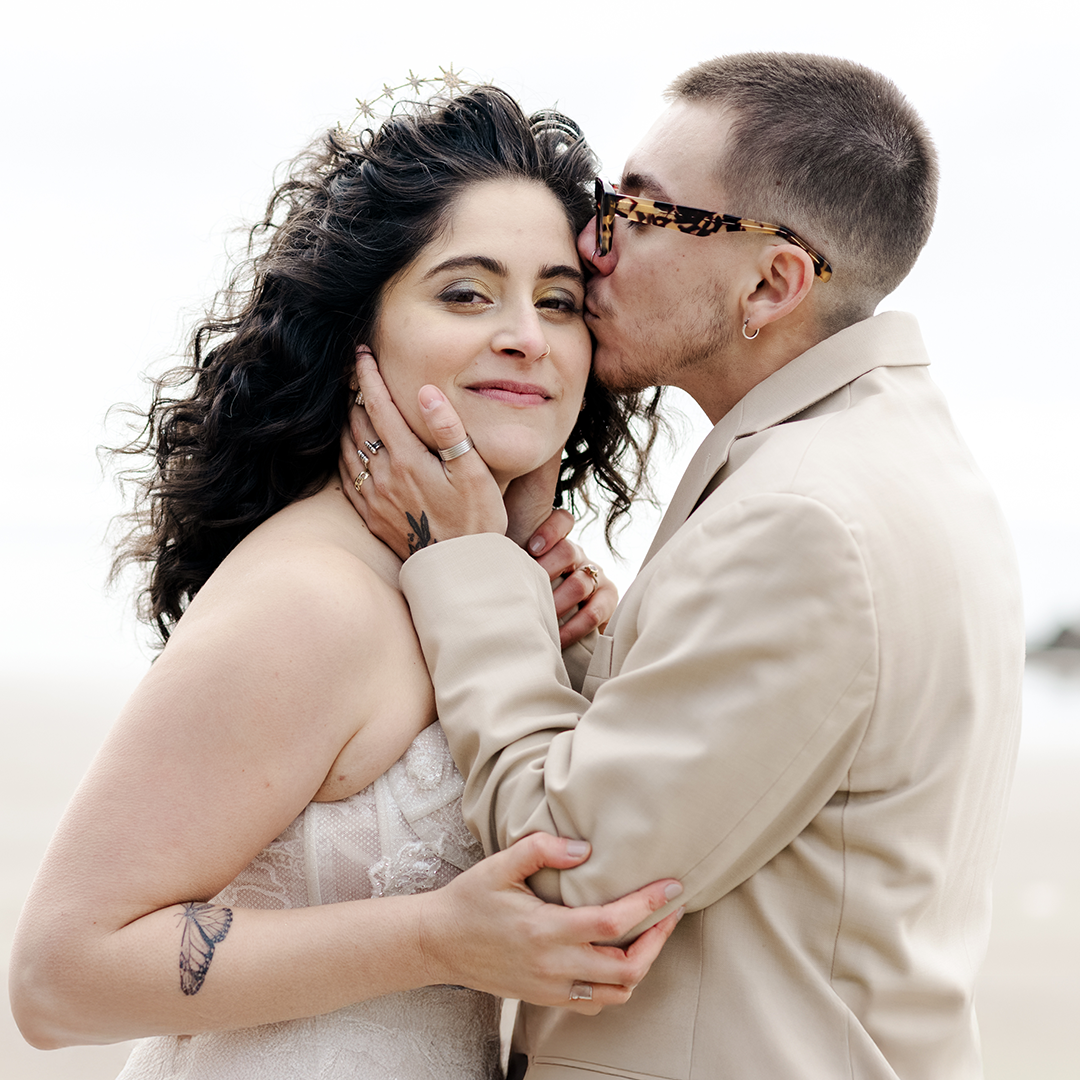 Intimate moment between a bride and a groom. 