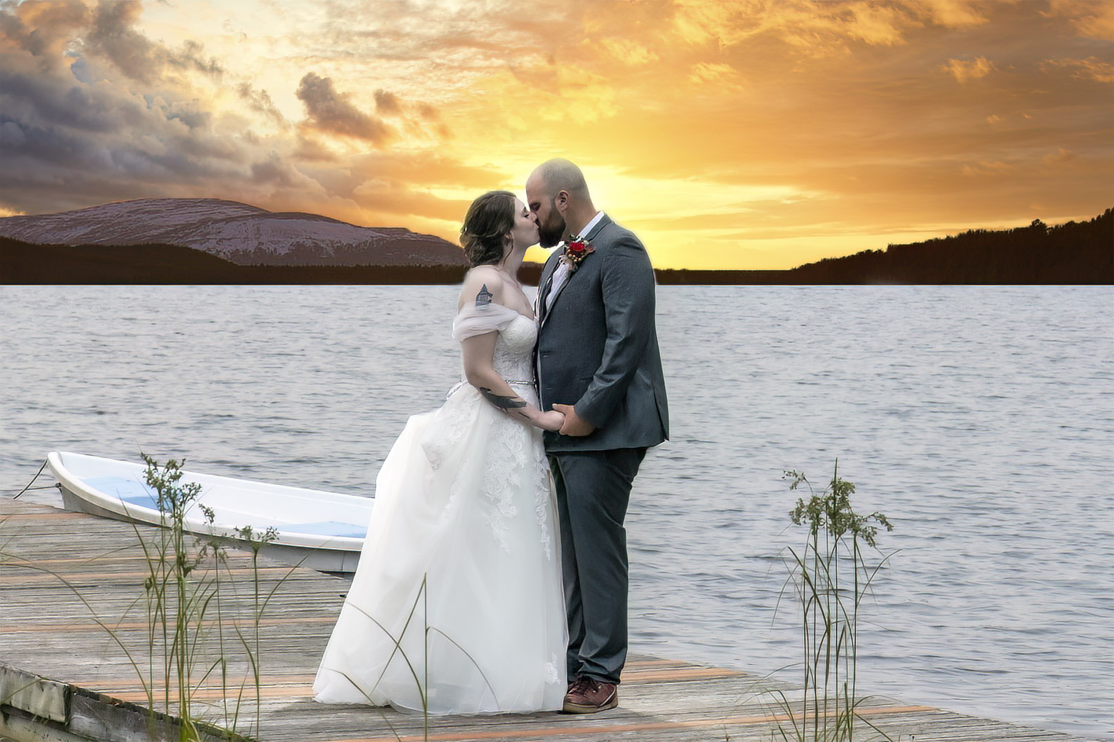 Sunset wedding portraits on a dock.