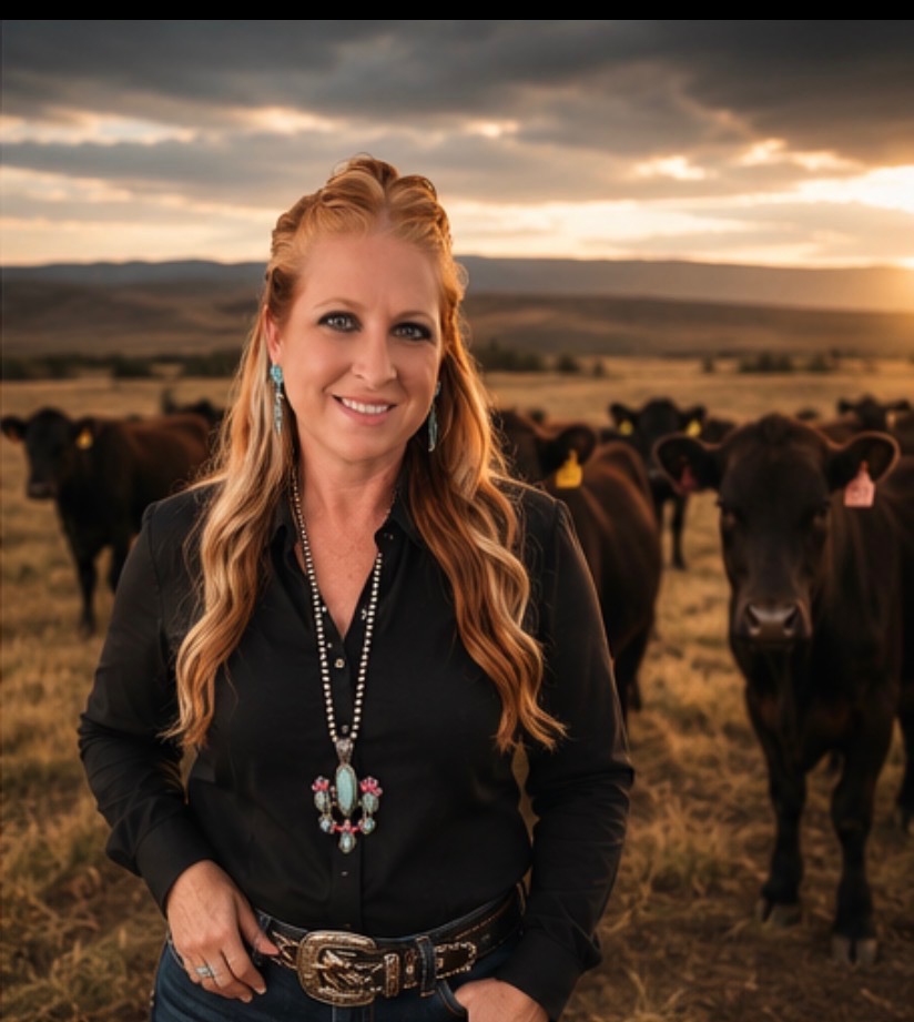 Chandi Langley standing in front of a cattle herd at sunset