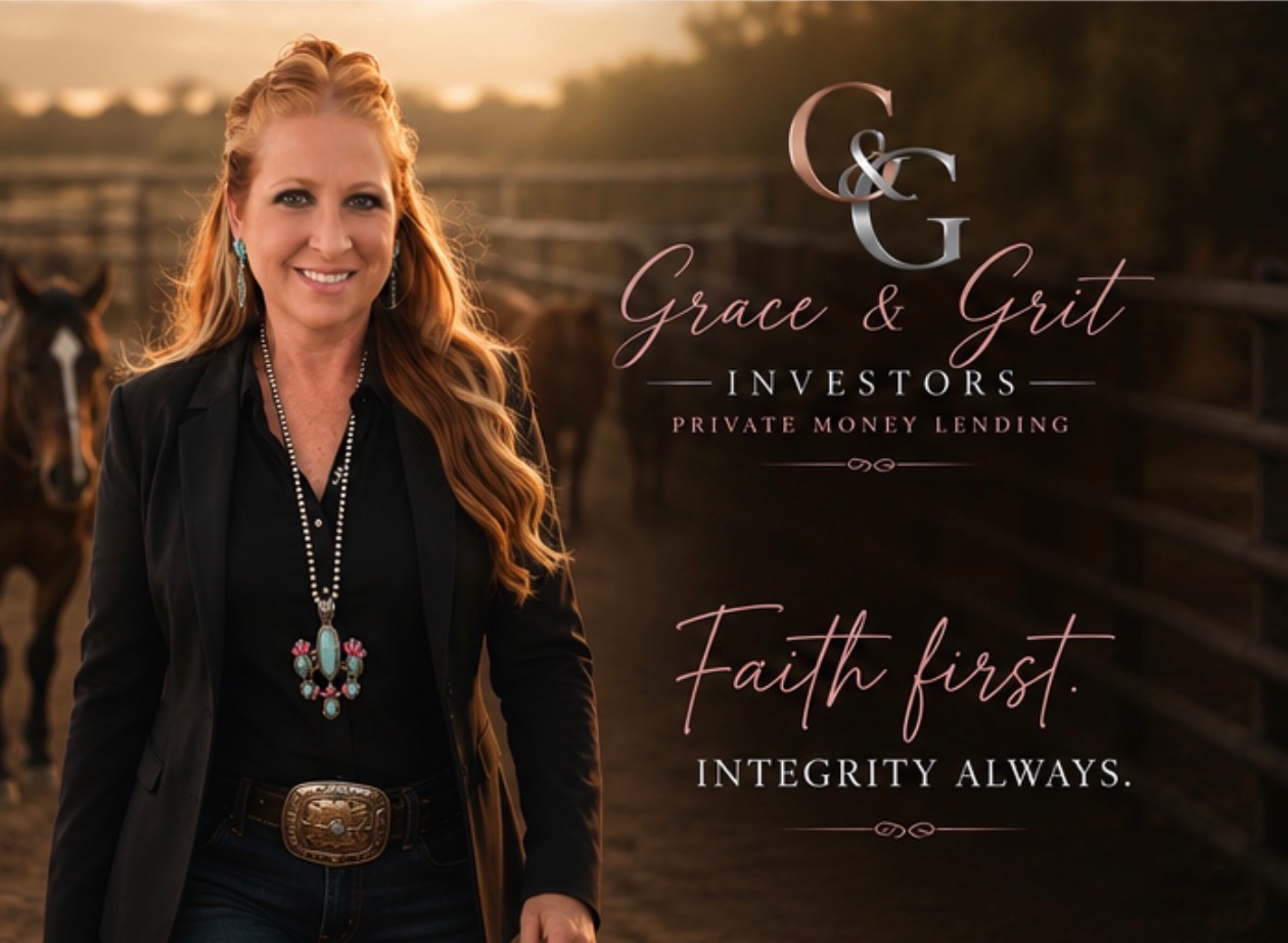 Chandi Langley walking a corral at golden hour beside the Grace and Grit Investors wordmark