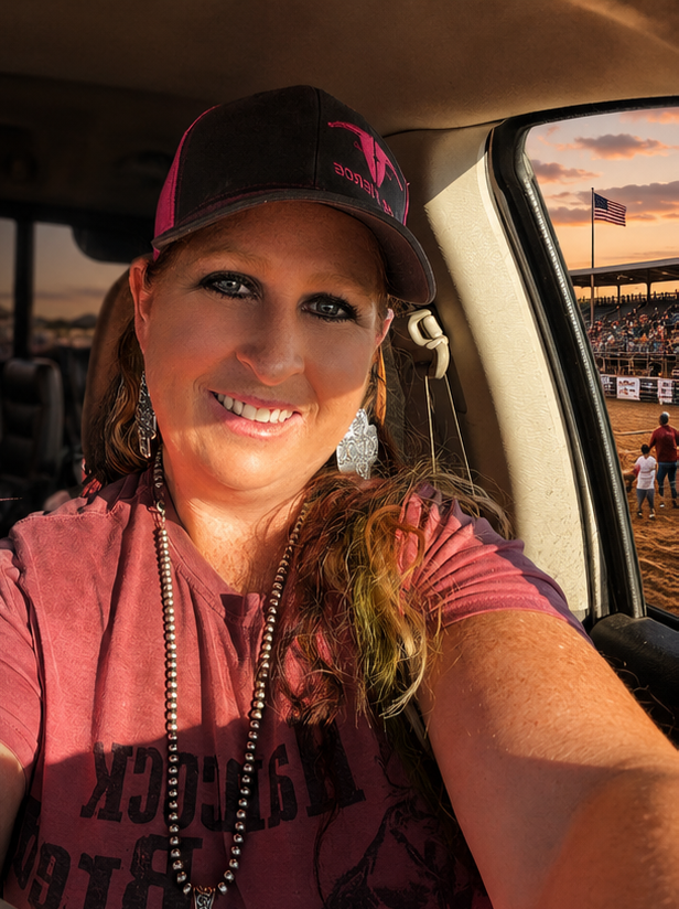 Chandi Langley in her truck at a rodeo arena at sunset