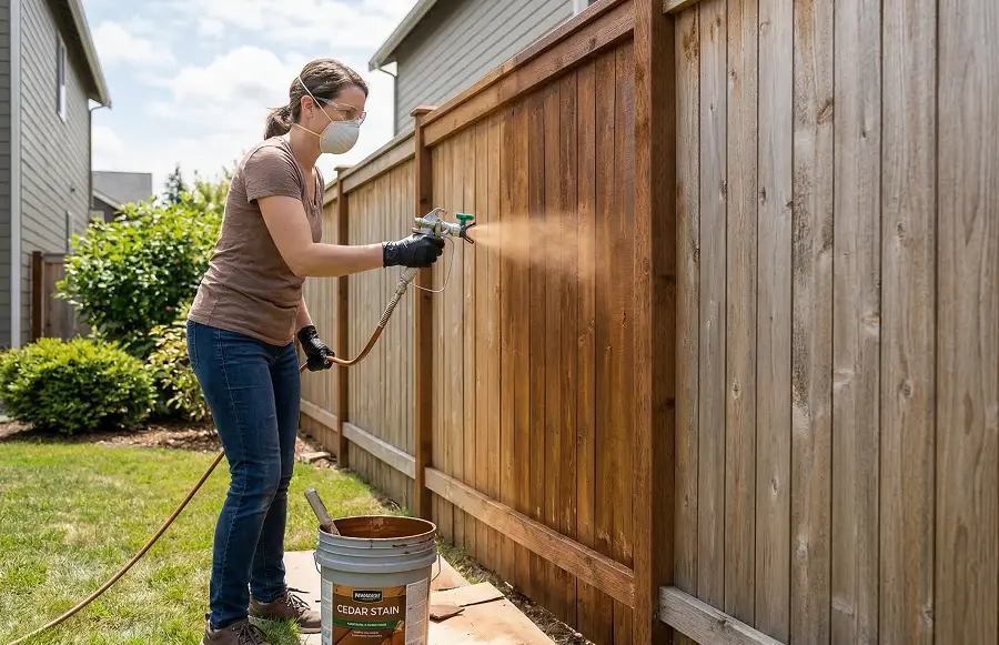 Sun and weather damaged wood fence and deck showing fading, cracking, and UV exposure