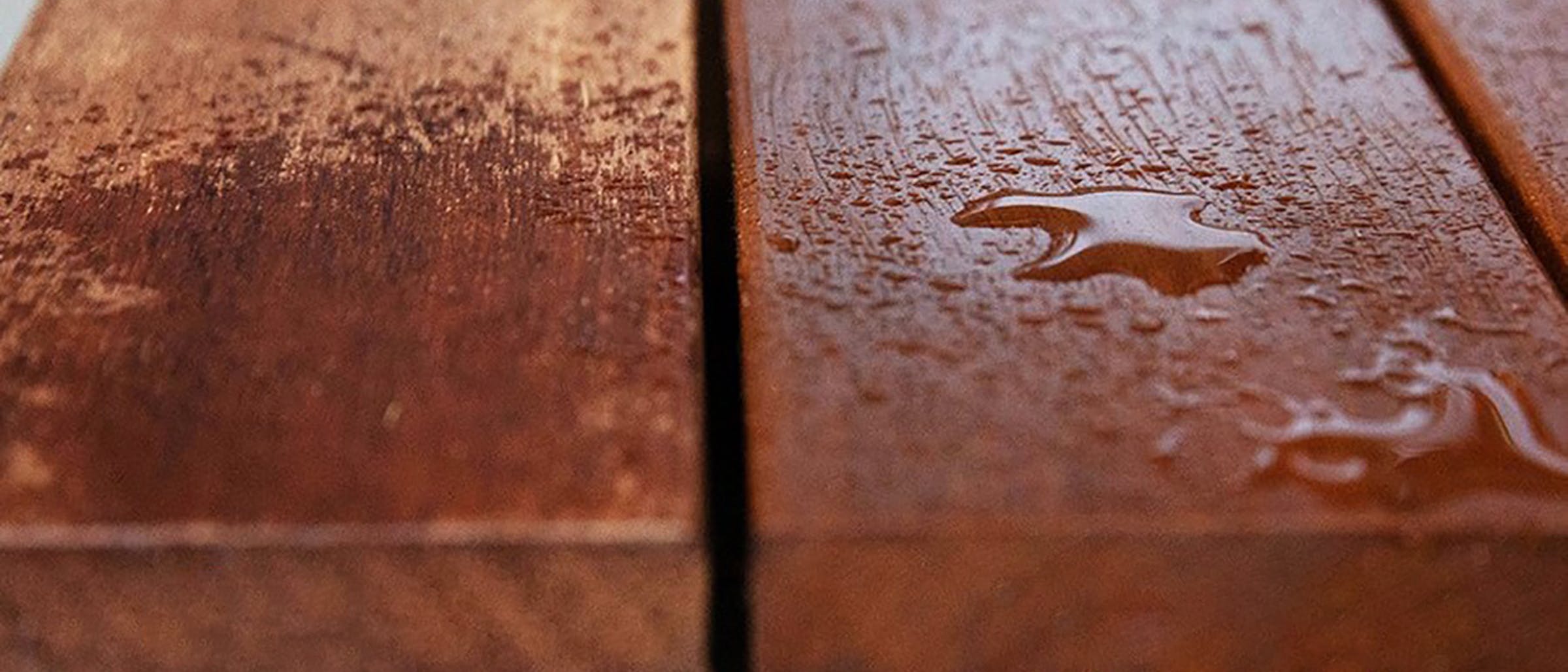 Checking wood stain condition with water test and applying fresh stain to deck surface