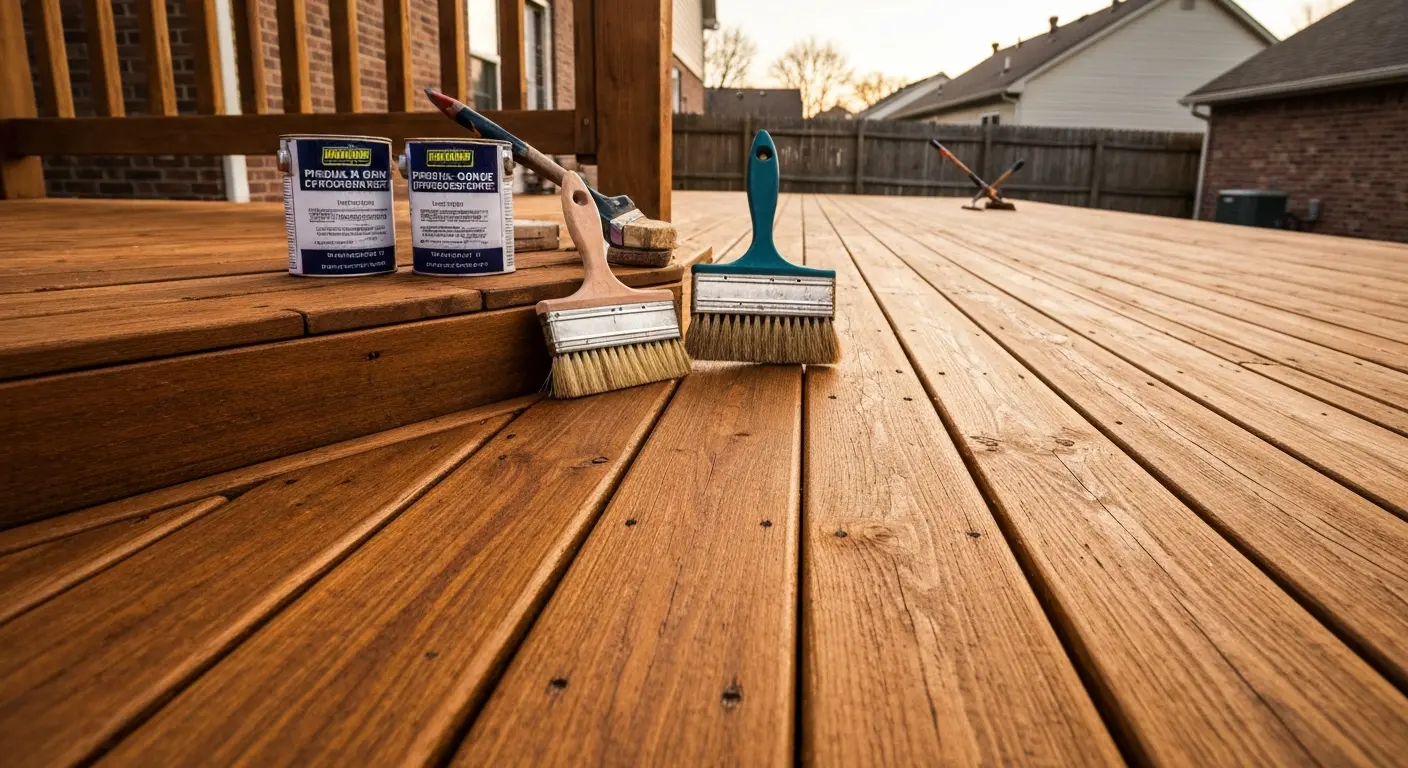 Freshly stained deck with rich wood tone