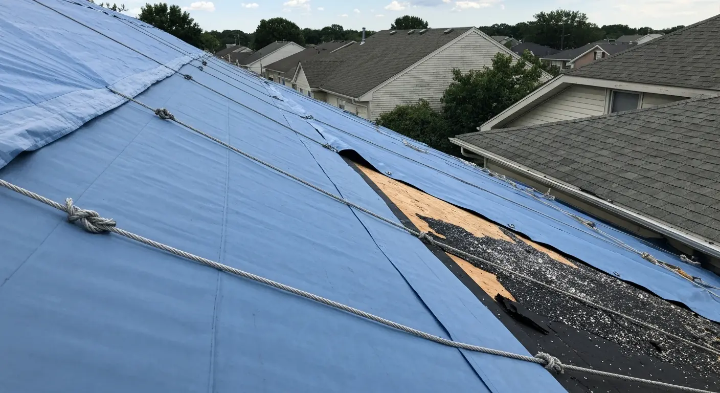 Emergency roof tarp after storm
