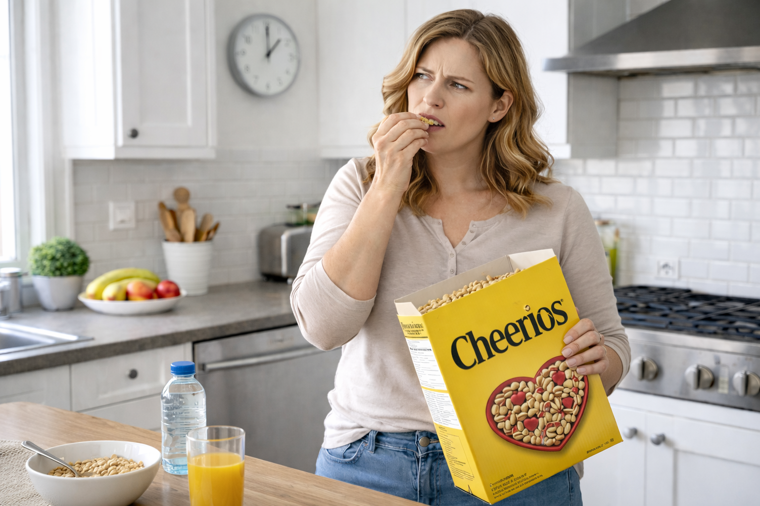 Woman eating cereal from the box in her kitchen at 3pm, illustrating afternoon hunger and intermittent fasting rebound cravings.