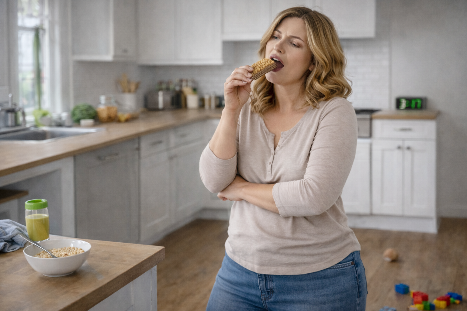 Woman standing at kitchen counter eating a snack bar, representing rebound hunger after skipping meals.