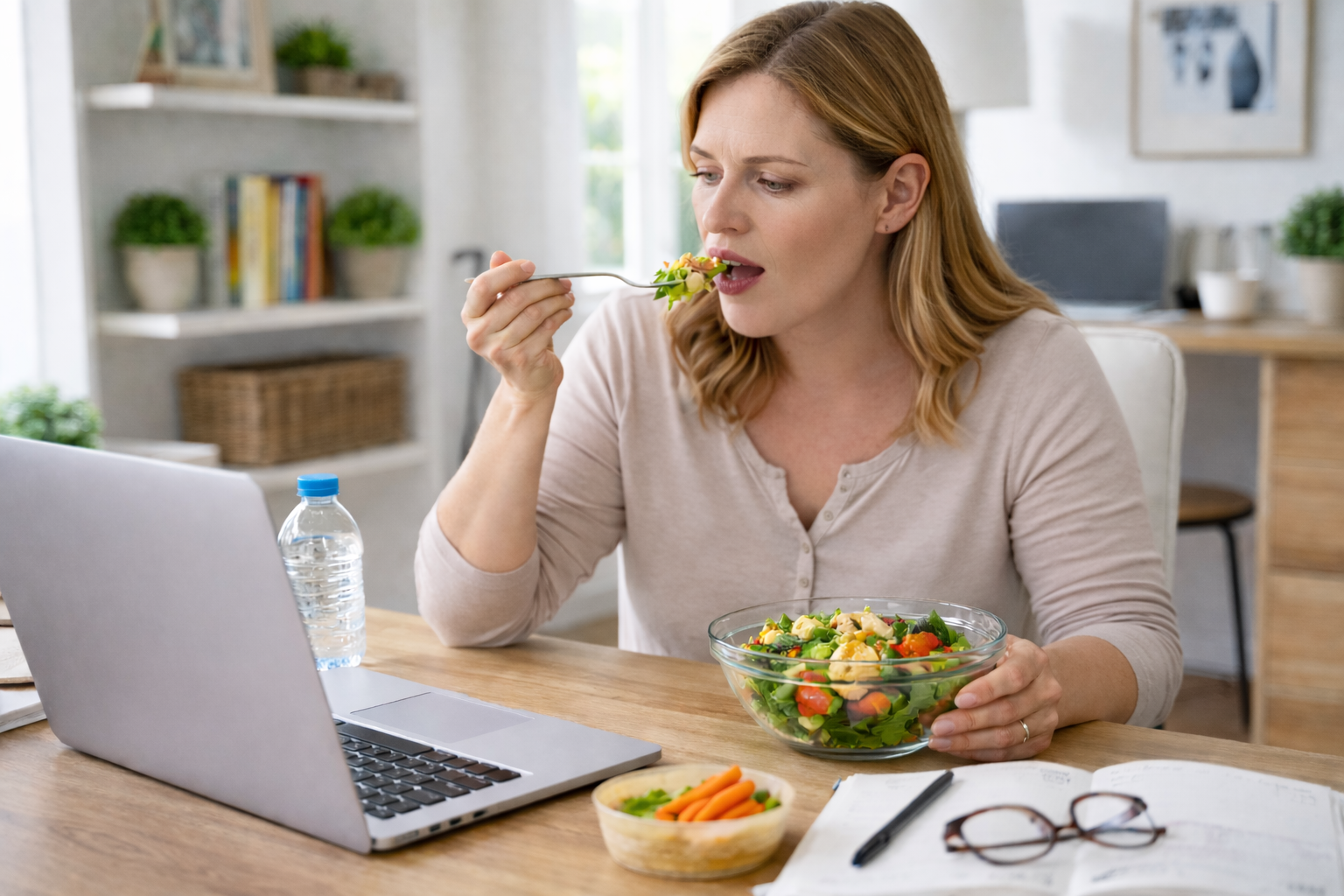 Young woman eating a healthy lunch at her desk while working, illustrating structured meal timing and appetite control.