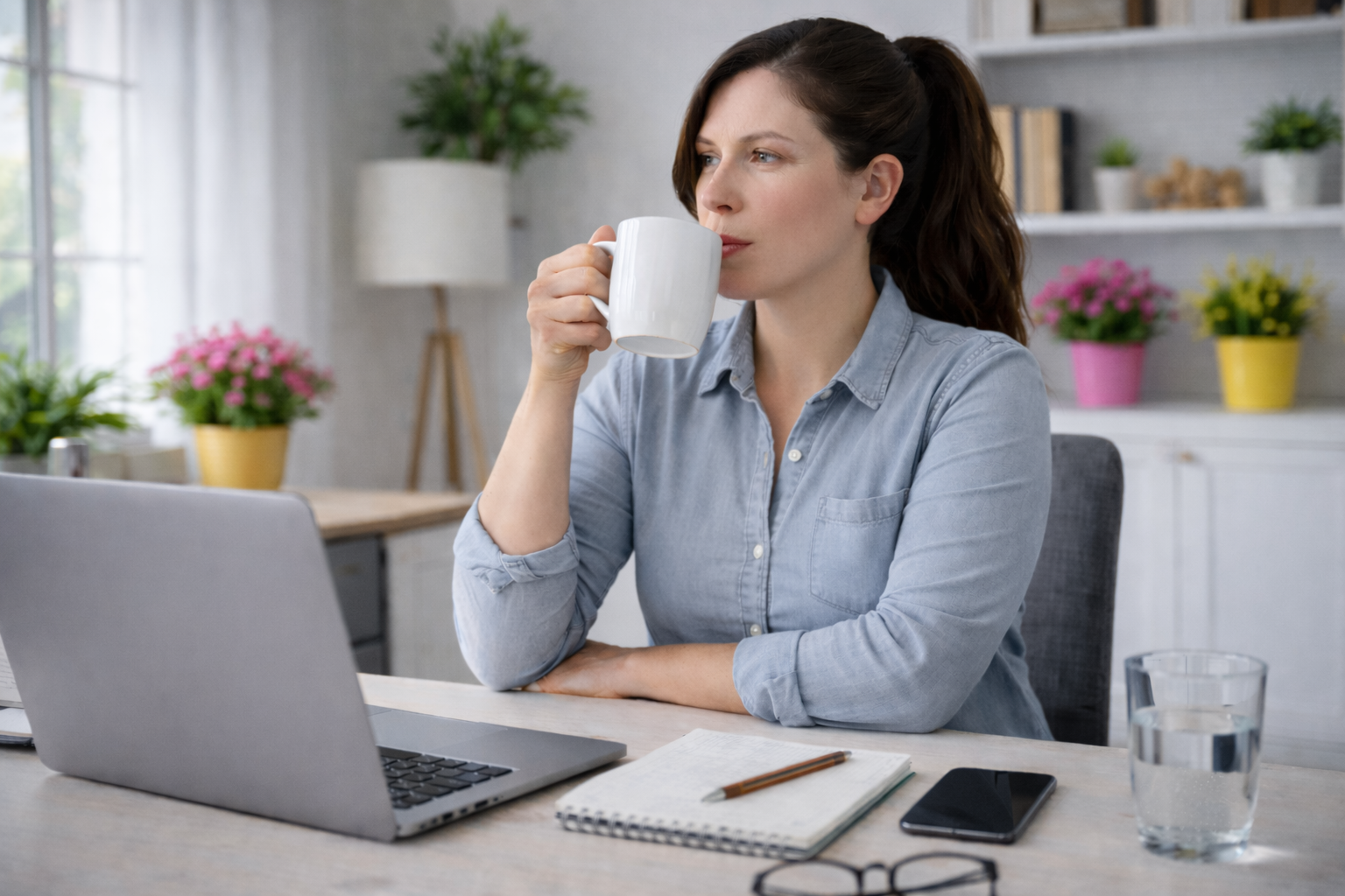 Woman drinking coffee in the morning without eating, illustrating appetite suppression. Woman drinking coffee in the morning without eating, illustrating appetite suppression.