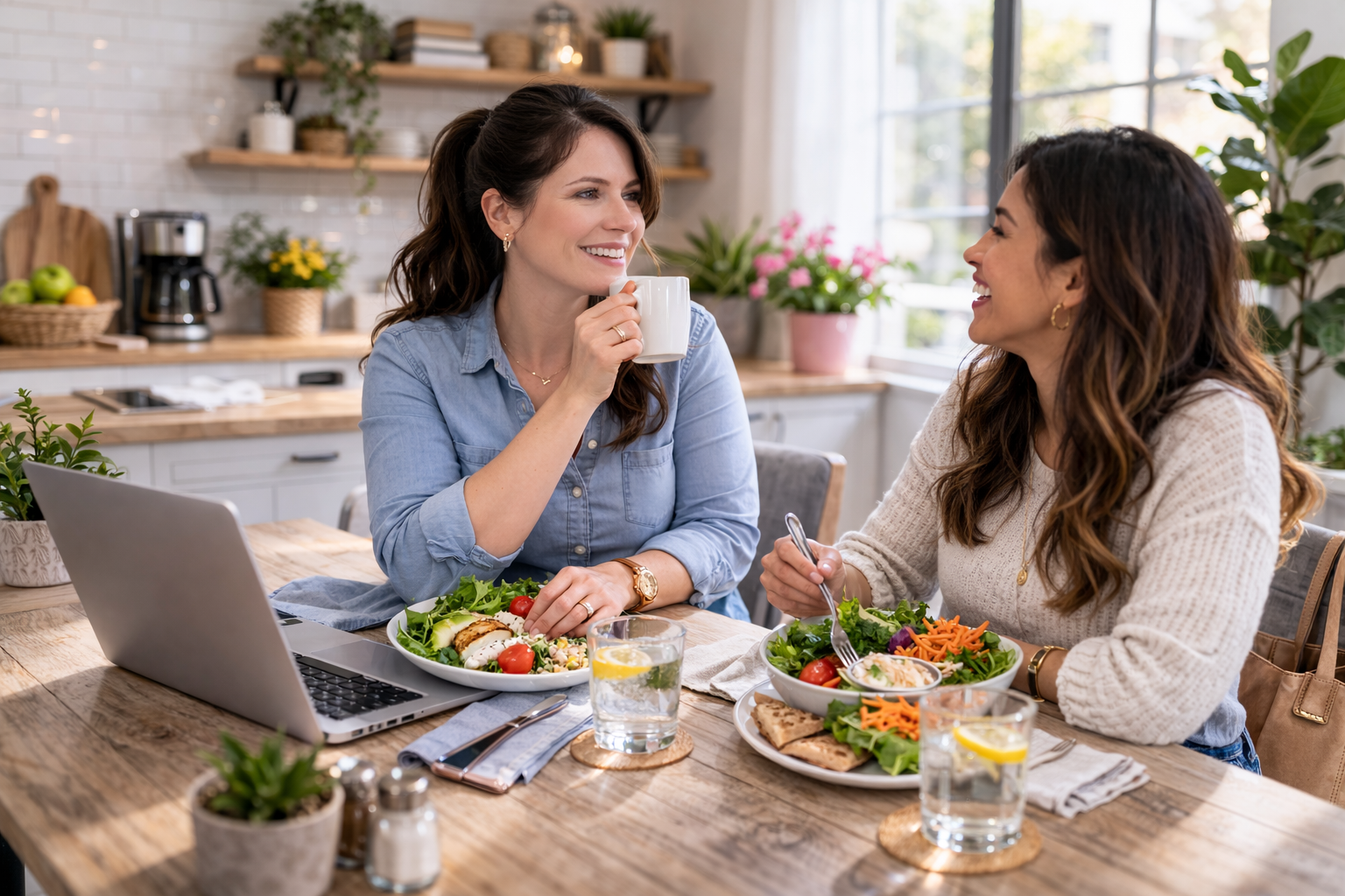 Woman enjoying a balanced lunch with a friend, illustrating structured meals for sustainable weight loss. Woman enjoying a balanced lunch with a friend, illustrating structured meals for sustainable weight loss.
