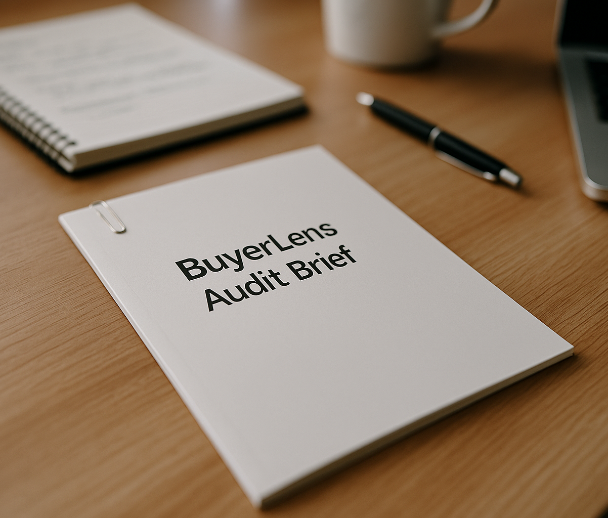 BuyerLens Audit Brief – front page on a desk; clean report cover, blurred meeting notebook in background.