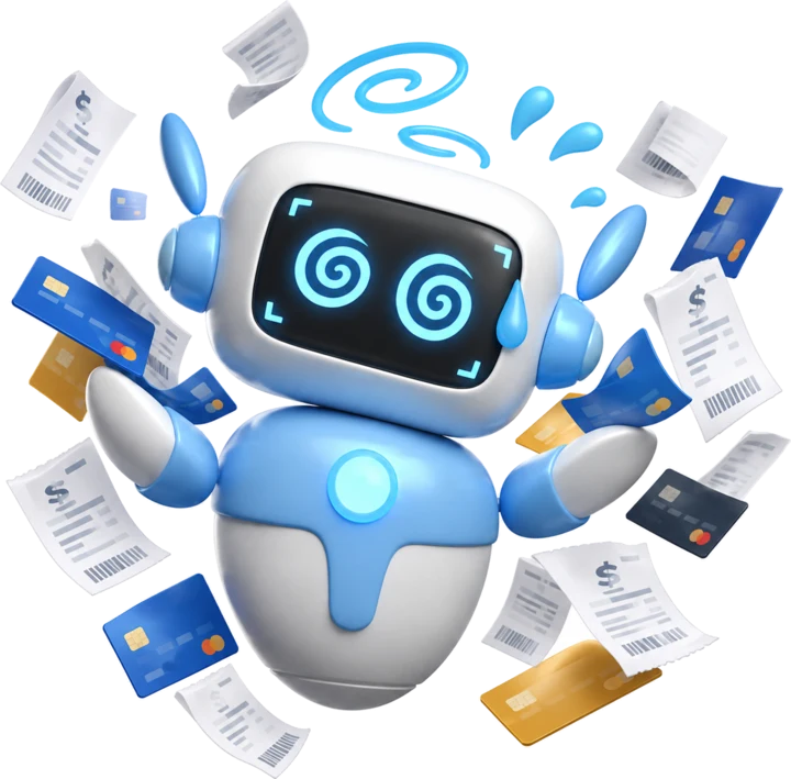 Overwhelmed Pyxa robot juggling credit cards and bills