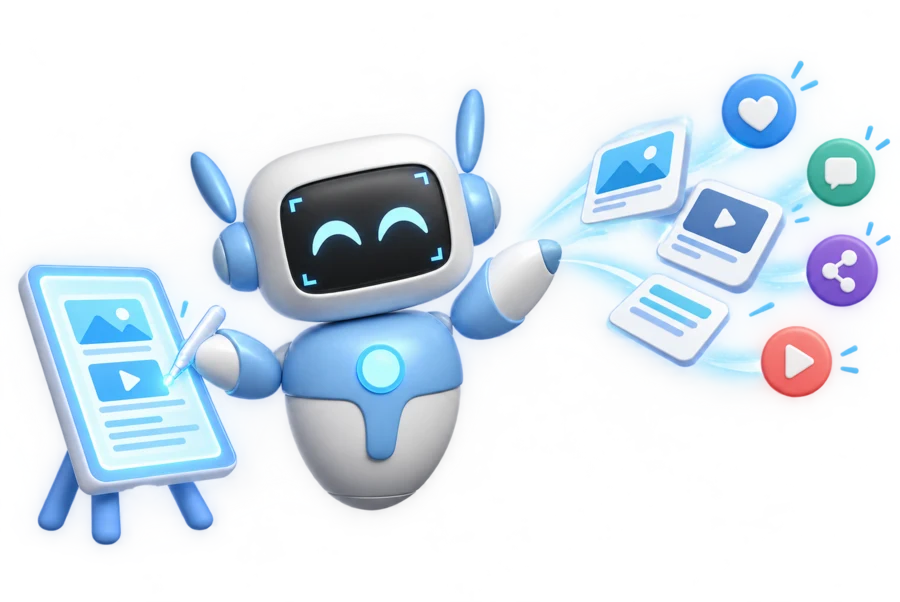 Pyxa robot creating a post on an easel and sending content cards out to social channels
