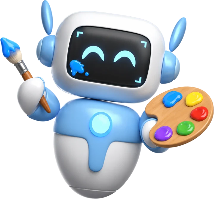 Pyxa robot painting with a brush and palette