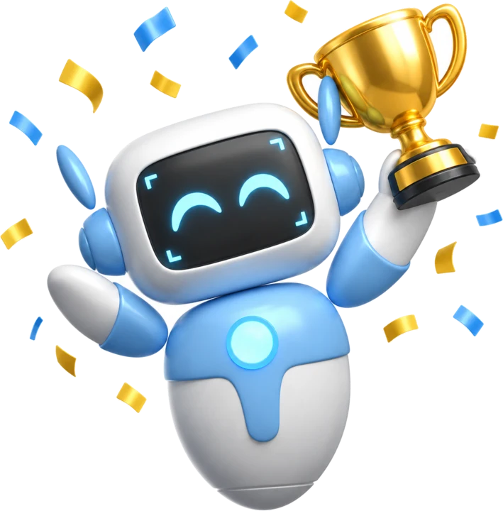 Pyxa robot celebrating with a trophy