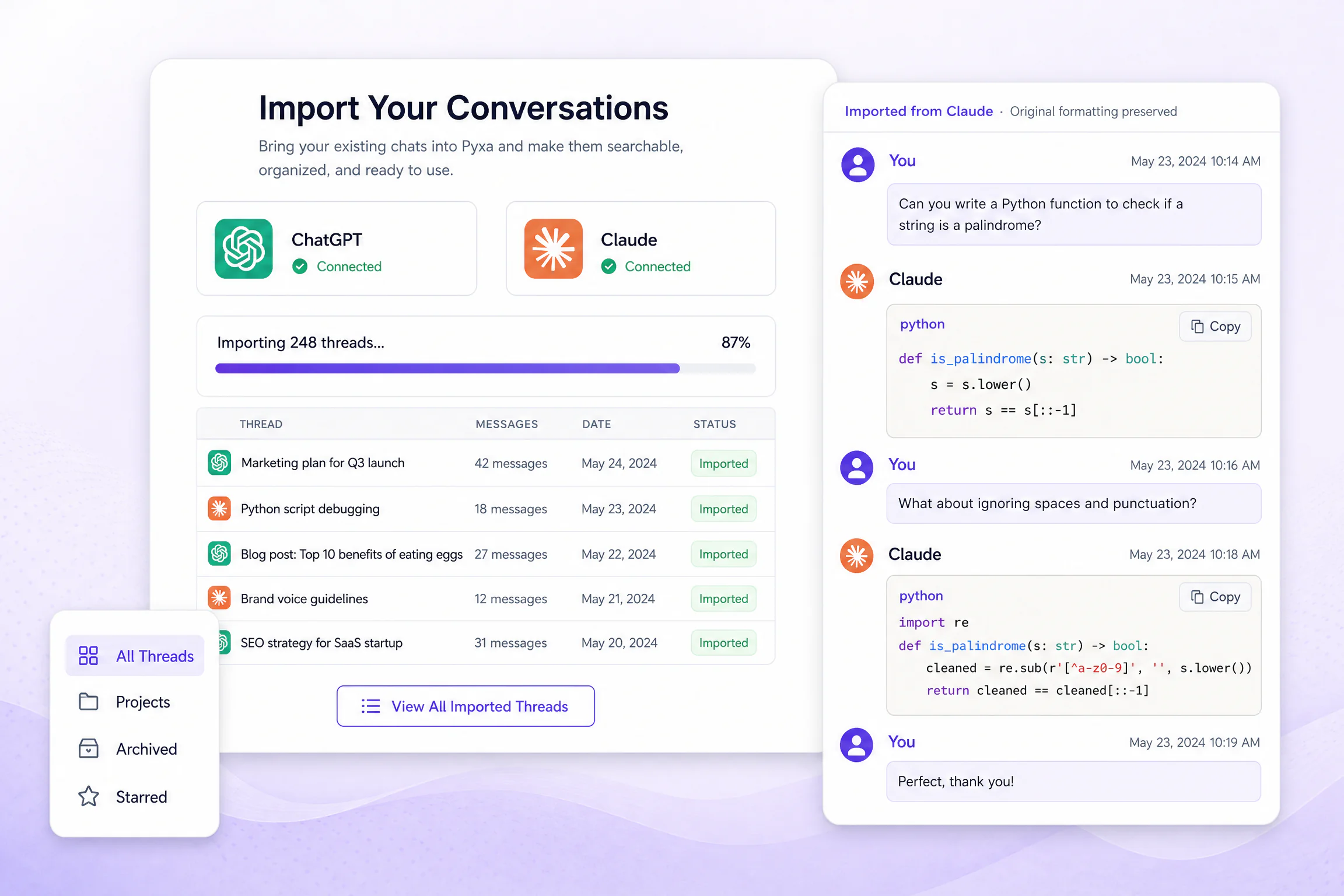 Import your ChatGPT and Claude chats into Pyxa.AI