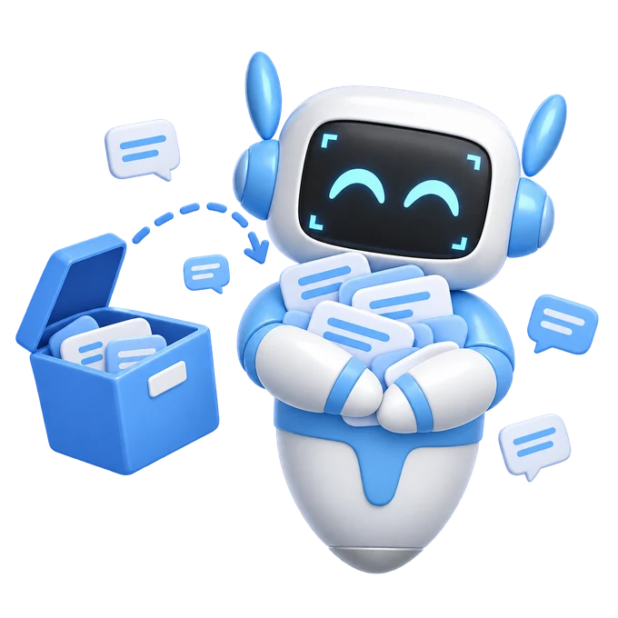 Pyxa robot gathering imported chat bubbles from an archive box