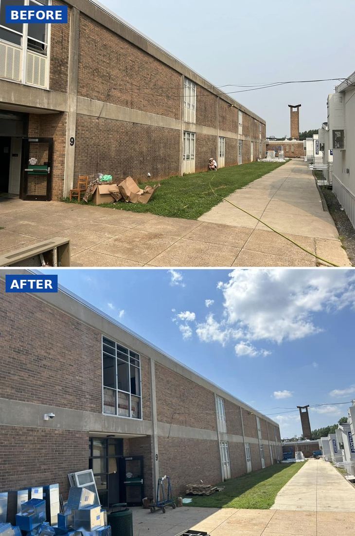 Commercial school building before and after pressure washing