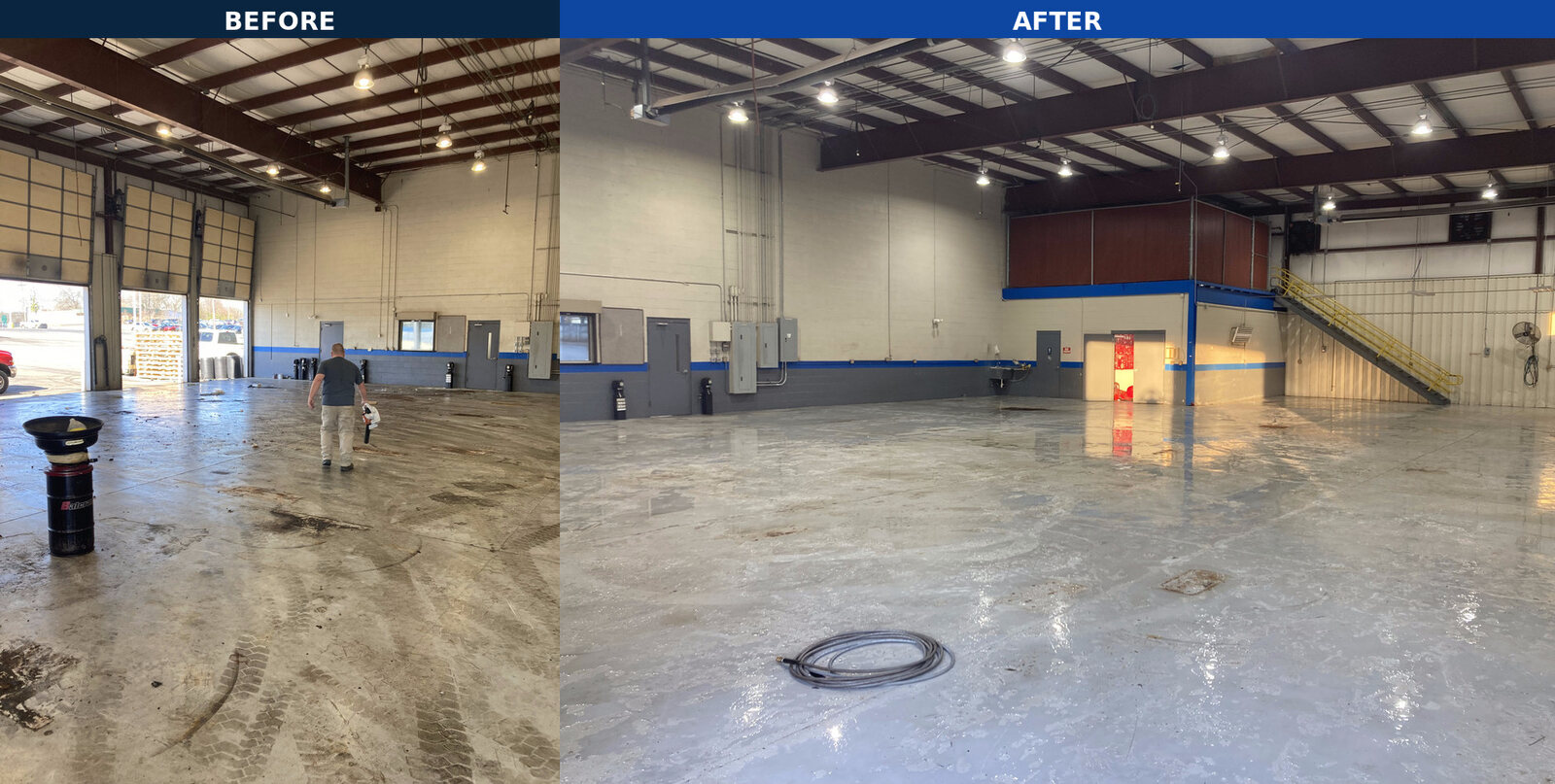 Dealership service bay floor before and after pressure cleaning
