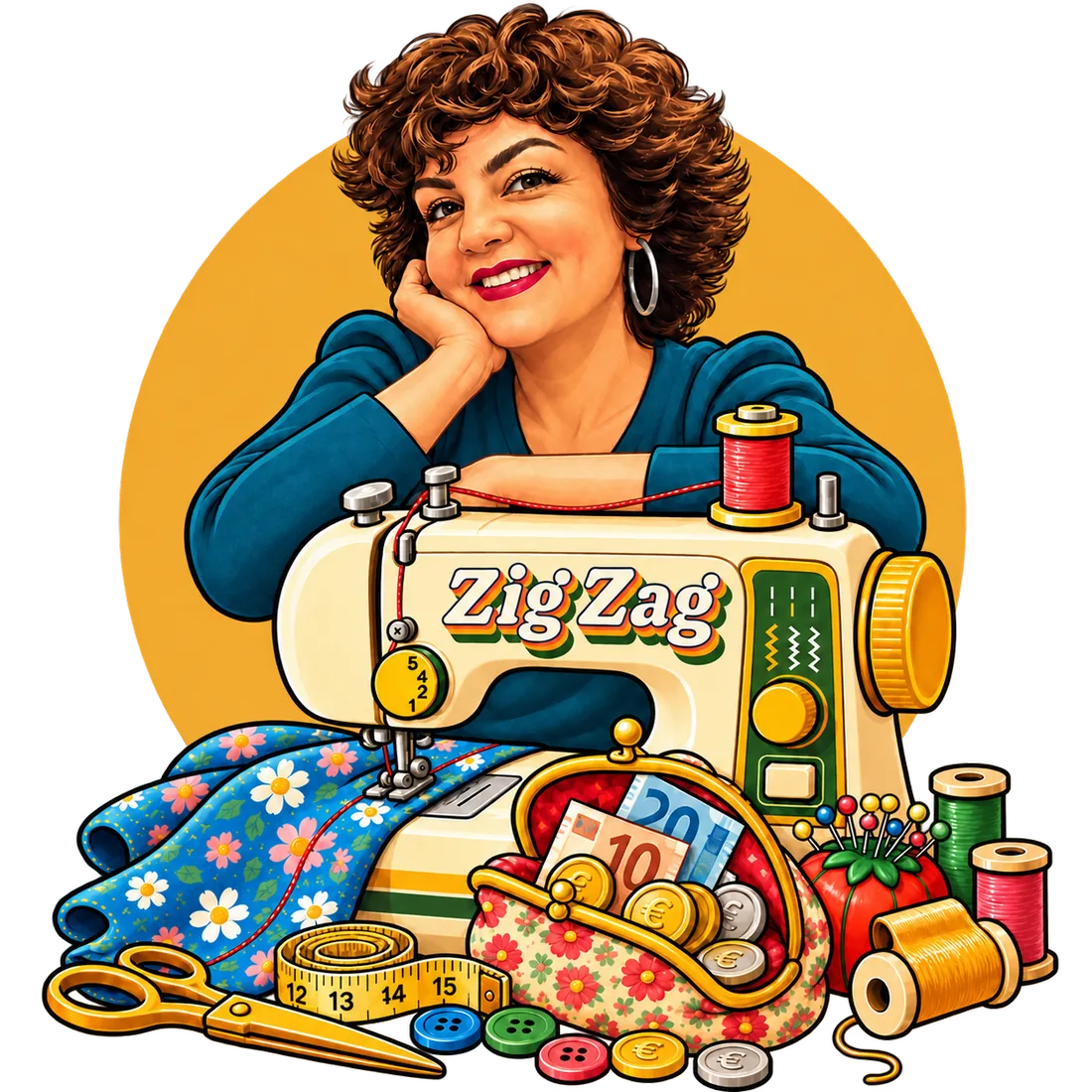 Ilustración de Lourdes sonriendo, apoyada en una máquina de coser Zig Zag rodeada de telas, hilos y un monedero con euros