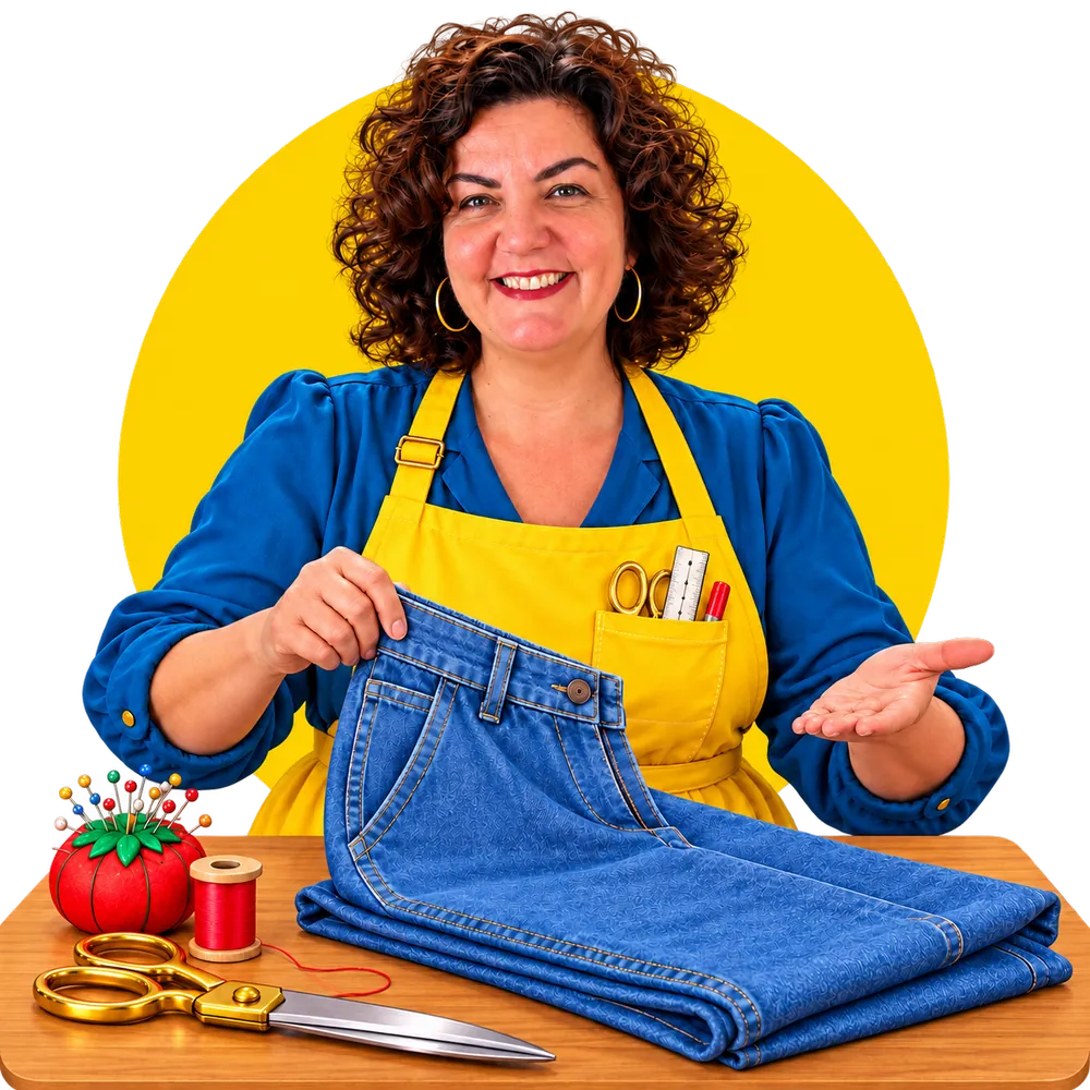 Lourdes en su taller, mostrando un pantalón vaquero sobre la mesa de costura