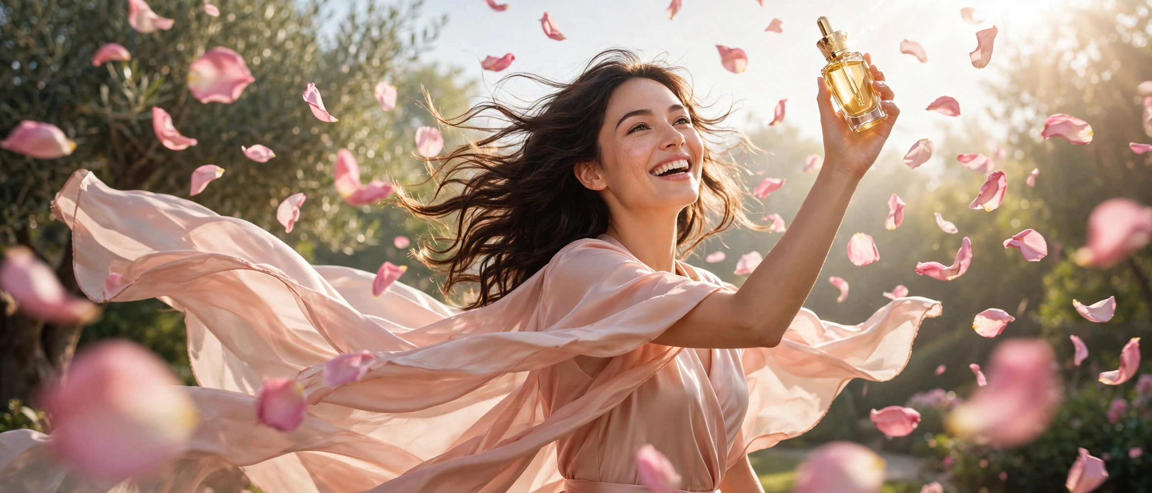 Joyful woman glowing with A&D fragrance oil, petals swirling