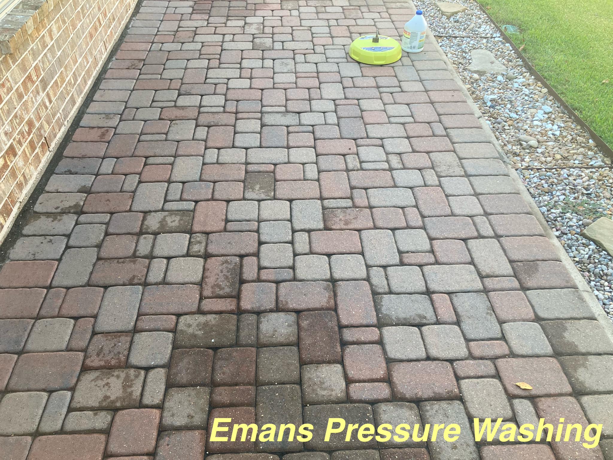 Restored brick patio after pressure washing
