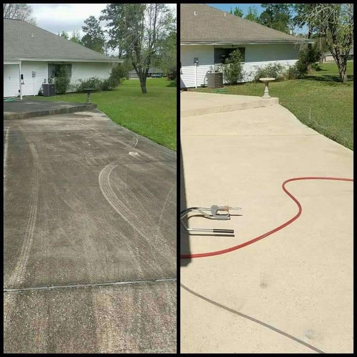 Pressure-washed concrete driveway with stains removed