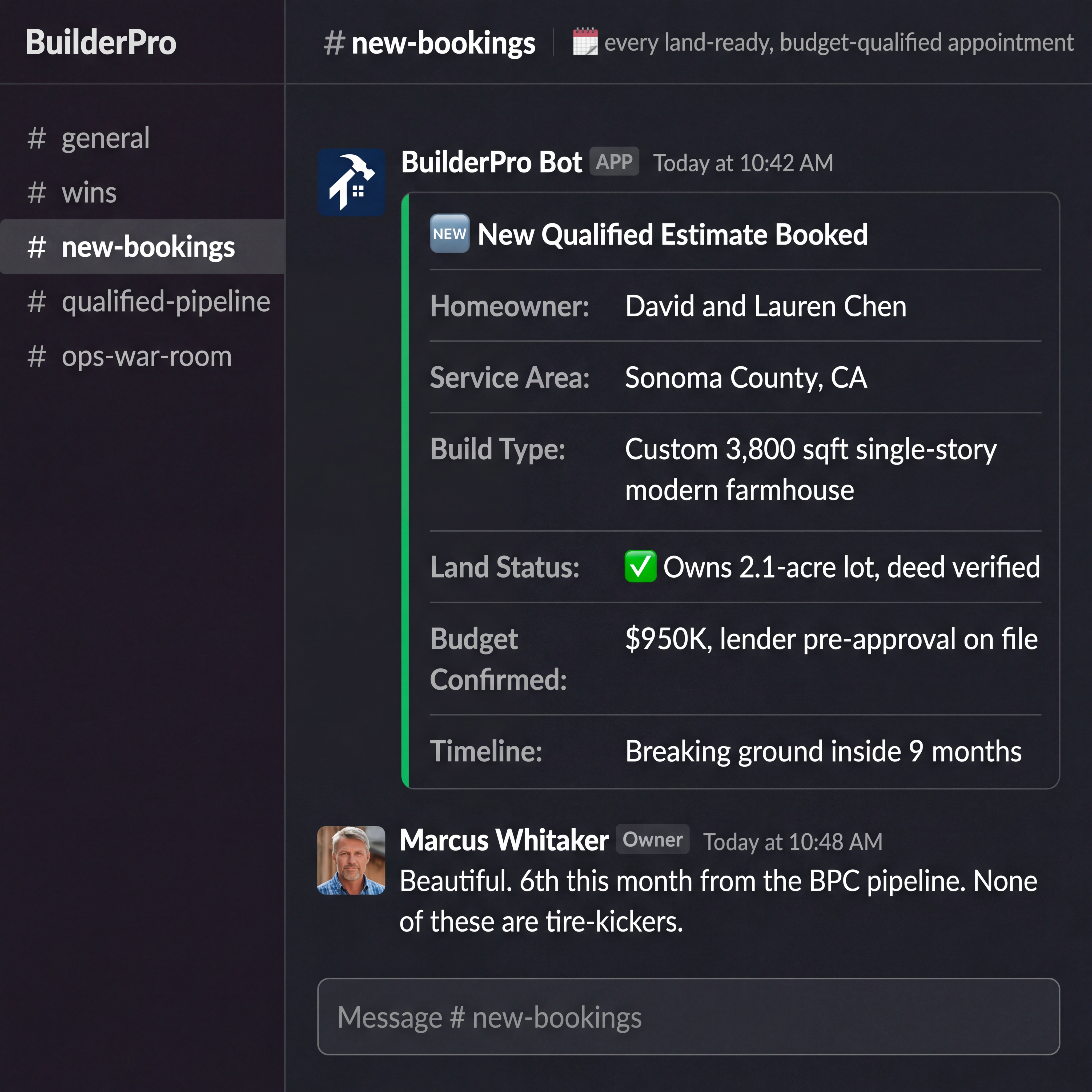 BuilderPro Bot Slack notification: New Qualified Estimate Booked. Homeowner: David and Lauren Chen. Sonoma County, CA. Custom 3,800 sqft single-story modern farmhouse. Owns 2.1-acre lot, deed verified. $950K, lender pre-approval on file. Breaking ground inside 9 months. Marcus Whitaker reply: Beautiful. 6th this month from the BPC pipeline. None of these are tire-kickers.