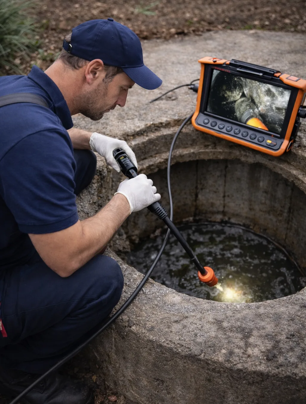 technician using high pressure hydro jetting equipment to clean drains