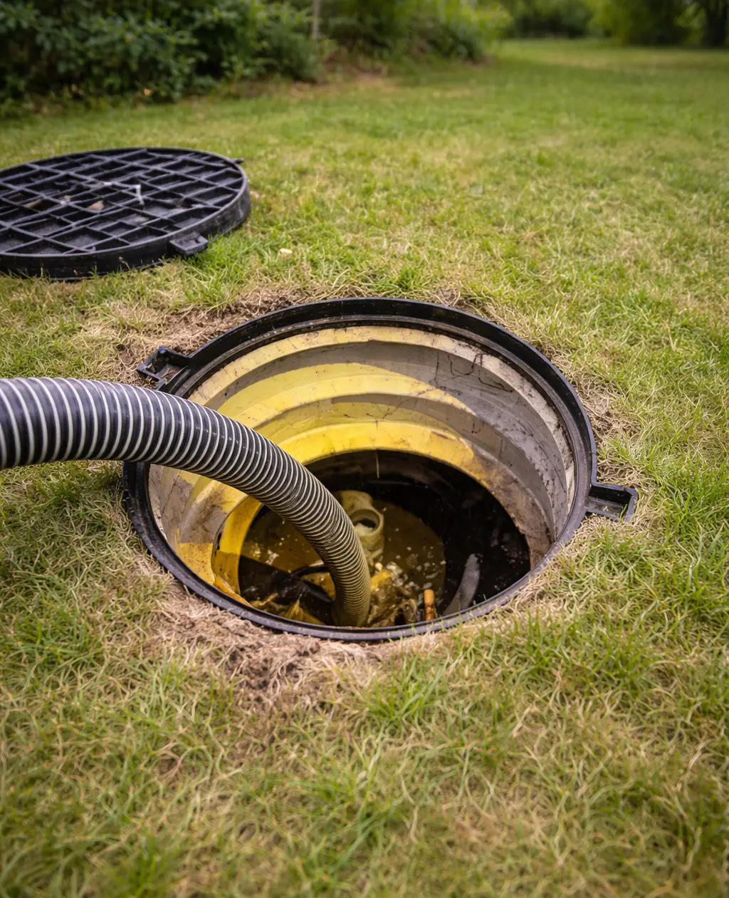 Technician cleaning residential septic tank