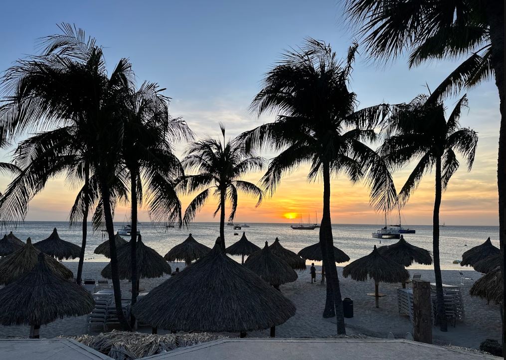 Palm trees and beach umbrellas silhouetted against an Aruba sunset