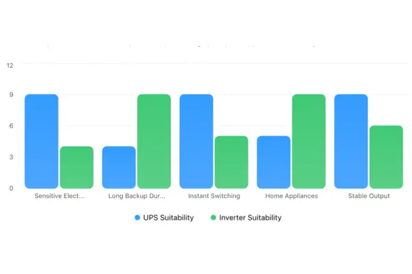 Professional UPS vs inverter comparison infographic showing instant backup, longer backup, reliability, and continuity for homes and offices