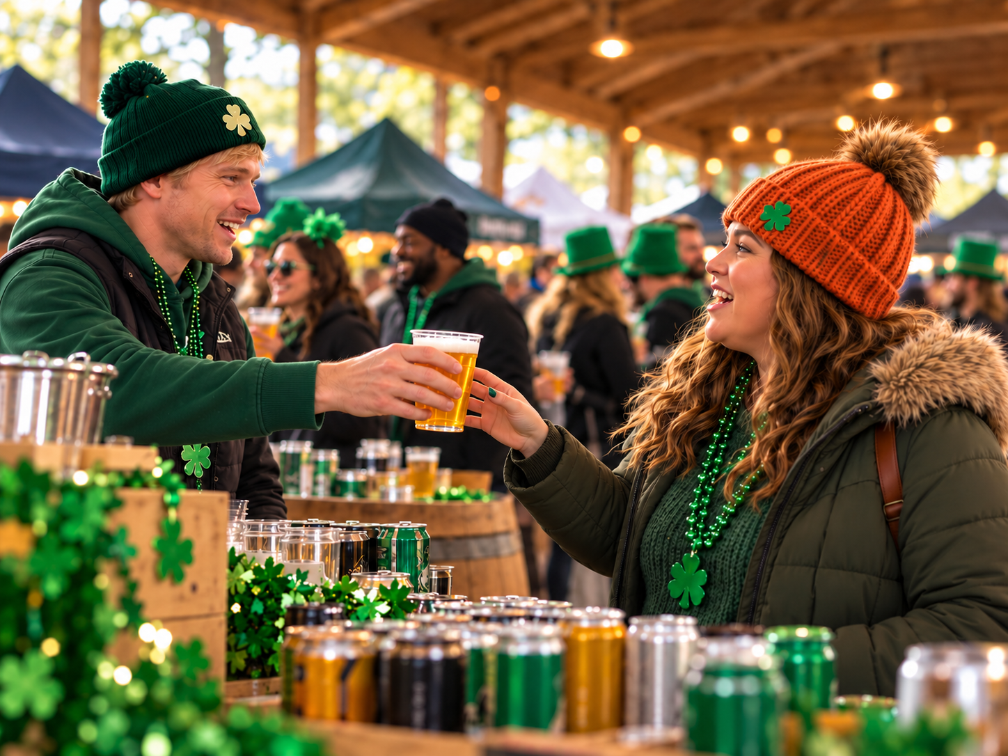 Festivalgoers chatting as a craft beer sample is handed over at an Irish-themed pavilion festival